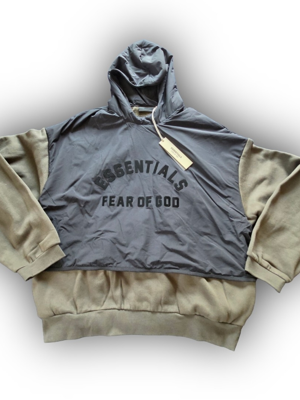 Fear of God Essentials Nylon Fleece Hooded Sweater Black/Olive Size Large